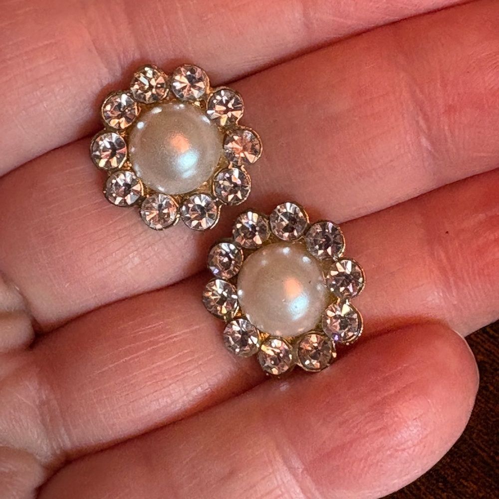 Lustrous Faux Pearl and Rhinestone Flower Earrings